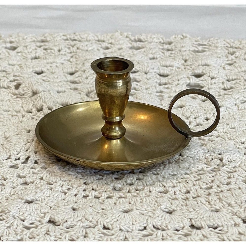 Vintage 1980s Solid Brass Mini Finger Loop Drip Tray Stick Candle Holder India